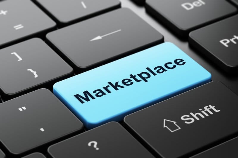 Advertising concept: computer keyboard with word Marketplace, selected focus on enter button background, 3d render